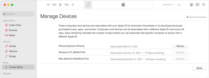 remove associated devices from itunes