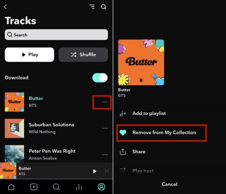 remove liked songs on mobile