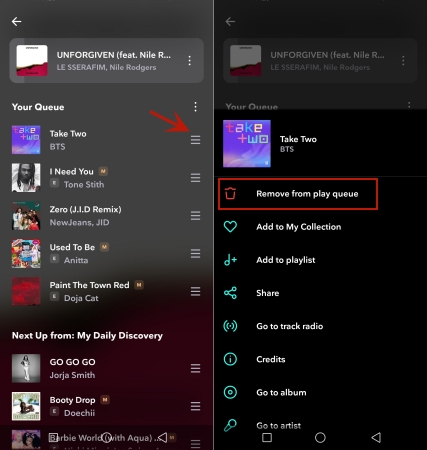 remove song from play queue on android