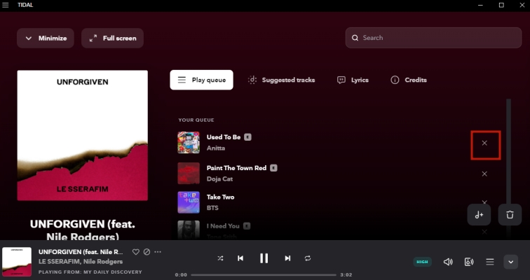 remove song from play queue on desktop