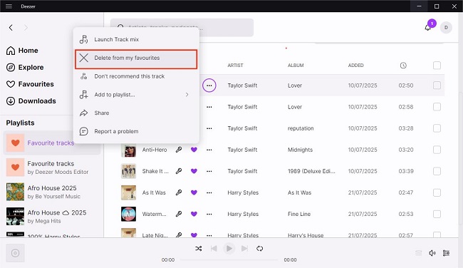 remove songs from playlist on deezer desktop app