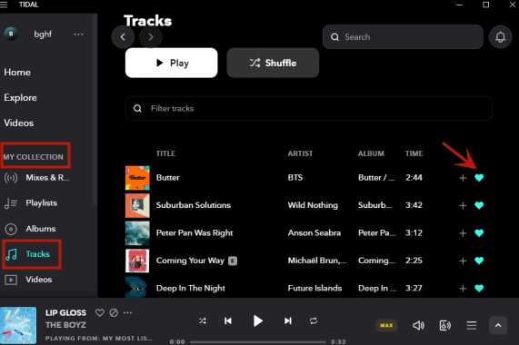 remove tidal liked songs on desktop