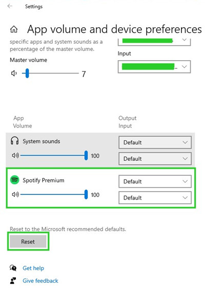 reset button to recommended defaults