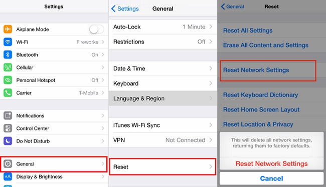 reset network setting on iphone