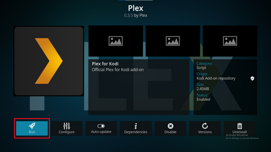 run plex for kodi add on