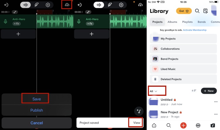 save bandlab project on mobile