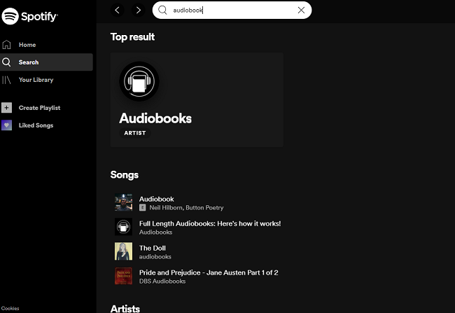 search audiobook on spotify