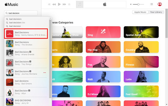 search for matching items apple music web app
