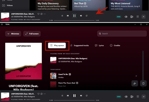 see play queue on desktop