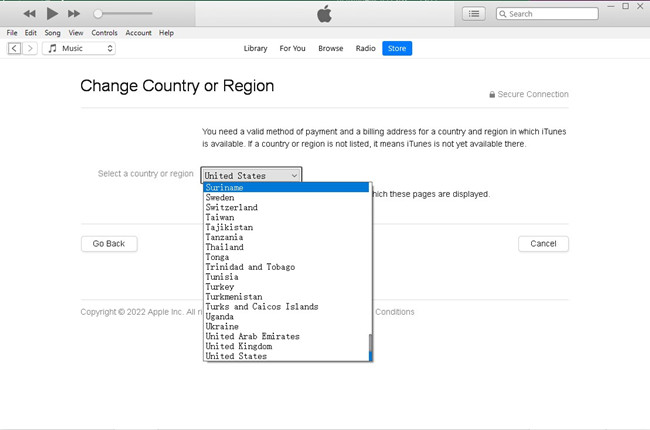 select a country or region in iTunes
