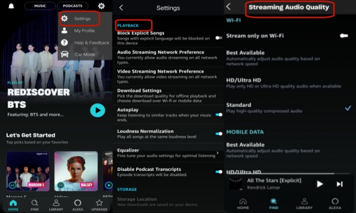 set amazon music audio quality on mobile