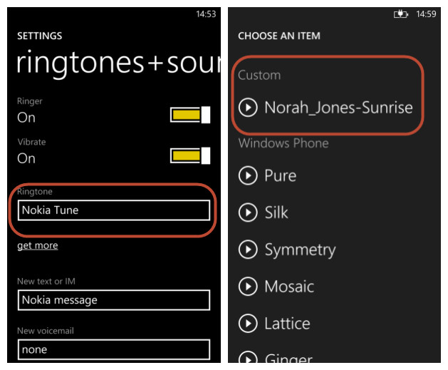 set ringtone for windows phone