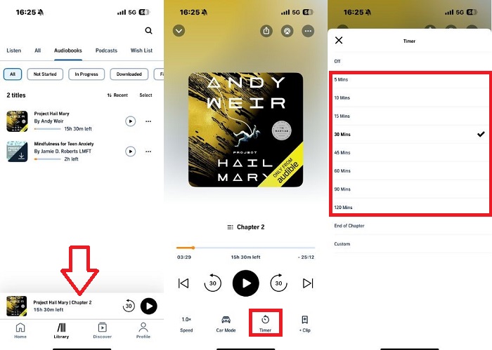 set up sleep timer on audible