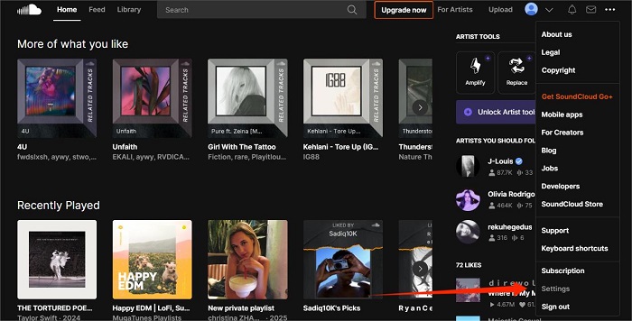 settings on soundcloud web