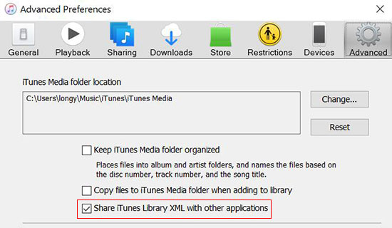 share itunes library xml button
