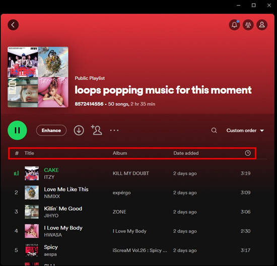 Sort to change order of songs on Spotify Playlists