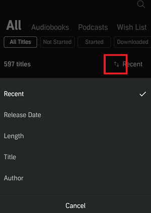 sort audible library on android