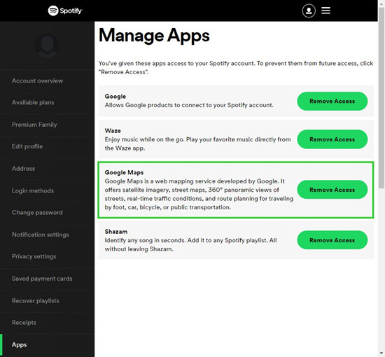 spotfiy account overview apps remove google maps access