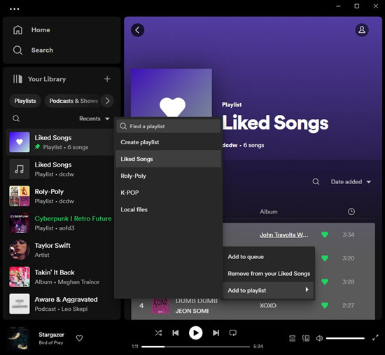 spotify desktop addl iked songs to playlist