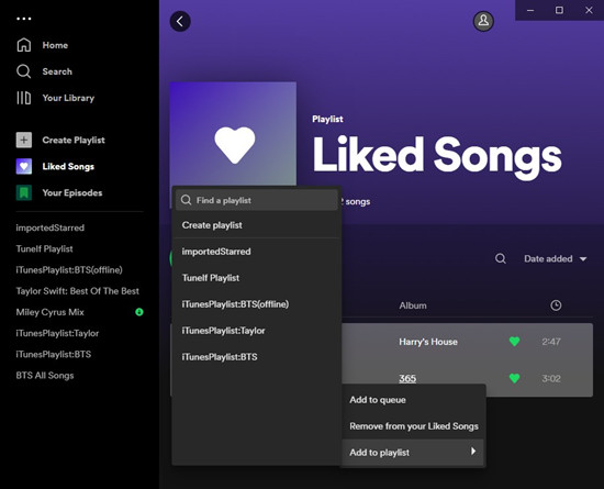 spotfiy desktop liked songs to spotify playlist