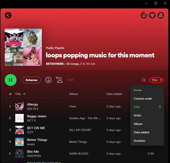 spotfiy desktop playlist sort by options