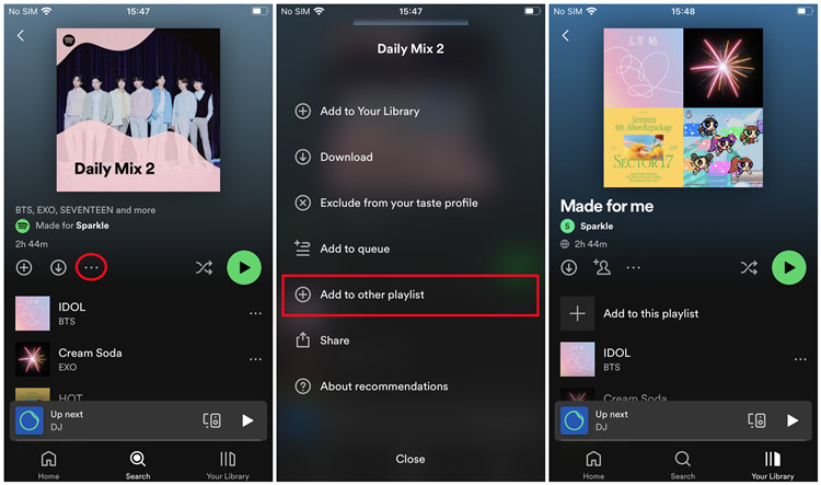 spotfiy mobile add to other playlist