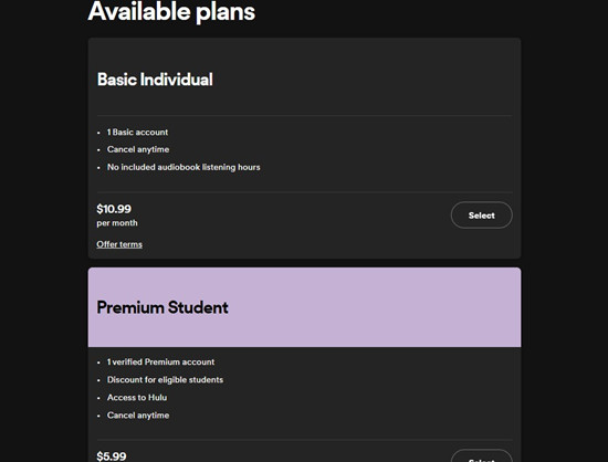 spotify account avaialable plans basic individual