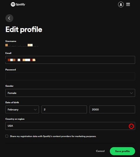 spotify account country and region