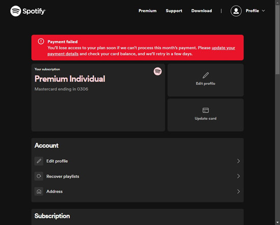 spotify account payment failed