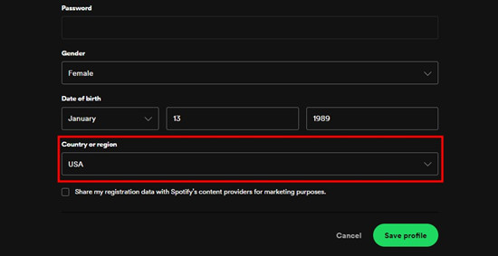 spotify account profile country or region