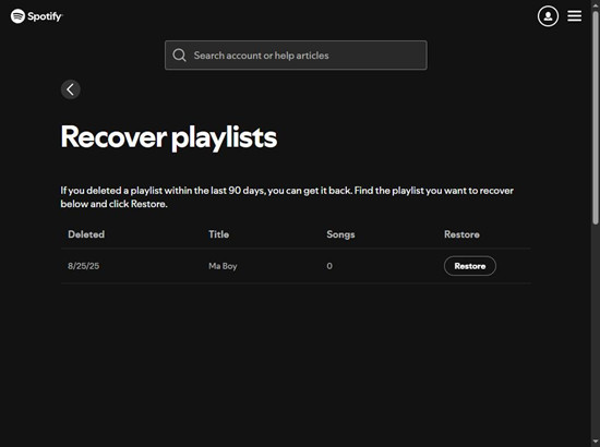 spotify account recver playlist restore