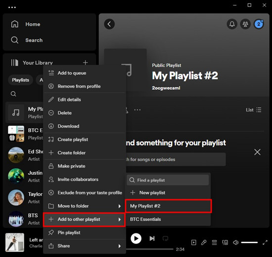 spotify desktop add to other playlist new playlist