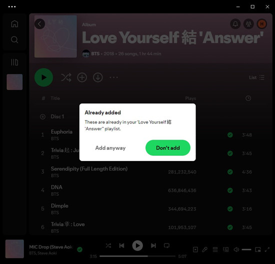 spotify desktop add to playlist already added