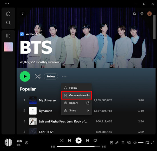 spotify desktop artist go to artist radio