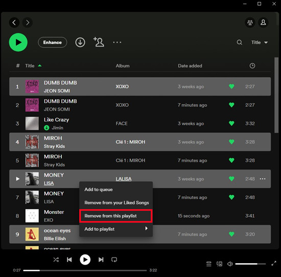 spotify desktop duplicates remove from this playlist