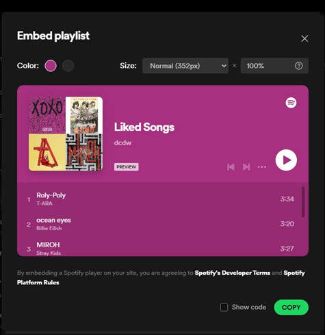 spotify desktop embed liked songs playlist