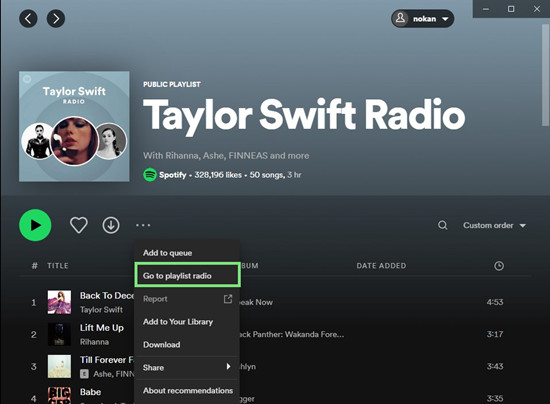 go to a playlist radio on desktop