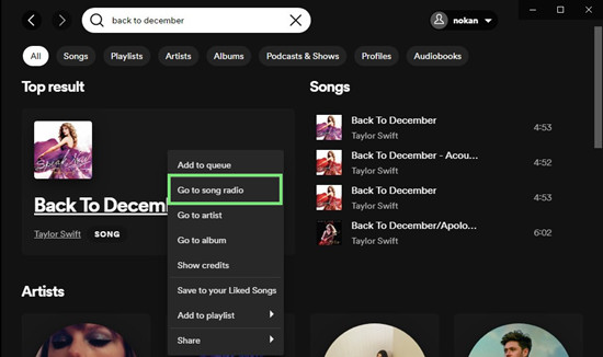 go to a song radio on desktop