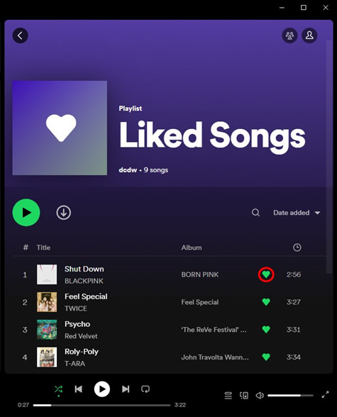 spotify desktop liked songs green heart