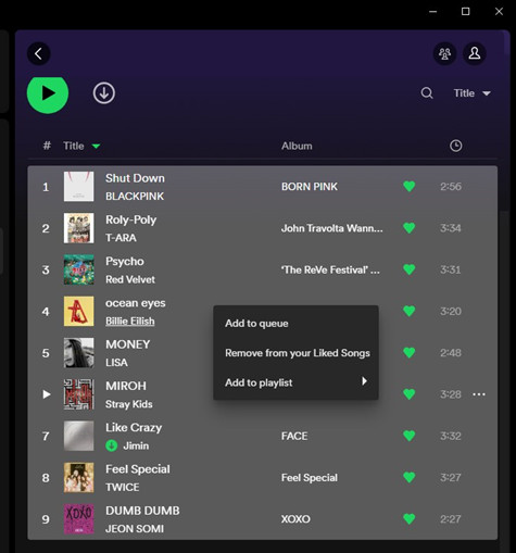 spotify desktop liked songs select all