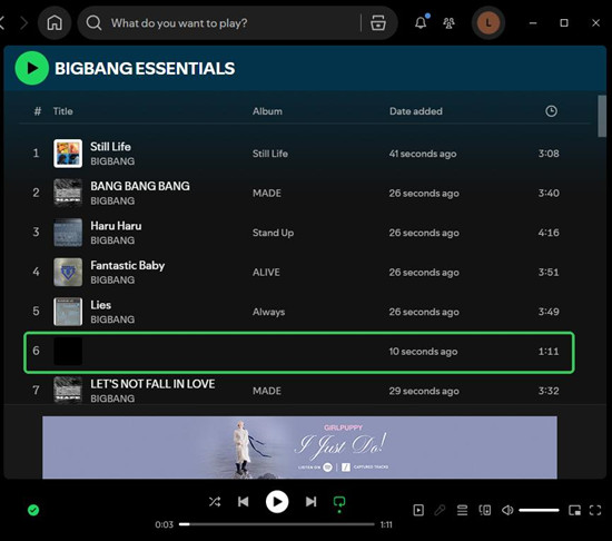 spotify desktop playlist add blank track