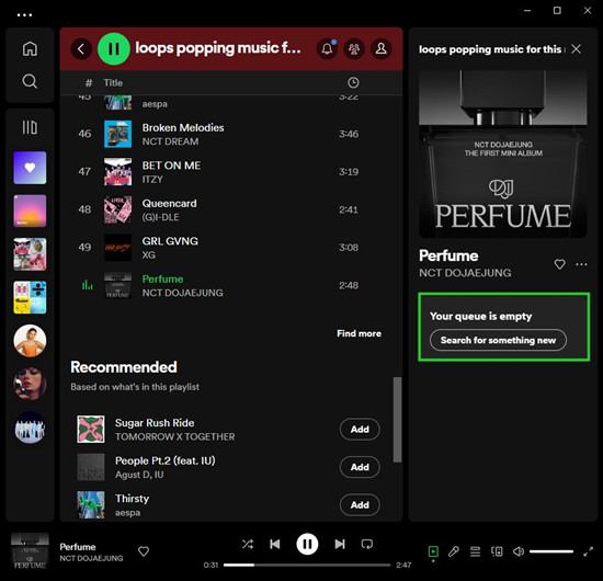spotify desktop playlist empty queue message