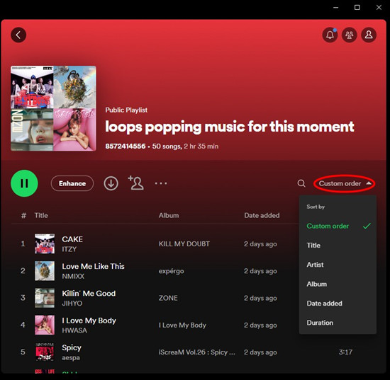 spotify desktop playlist sort by custom order