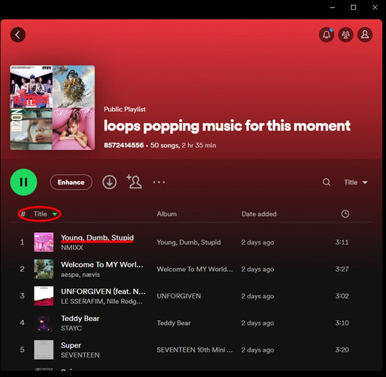 spotify desktop playlist sort by title reverse