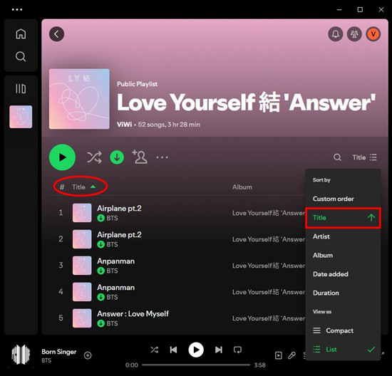 spotify desktop playlist title column