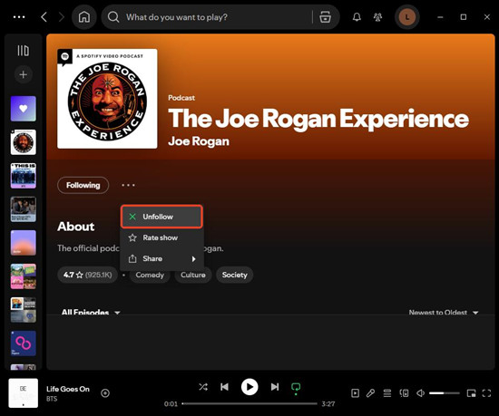 spotify desktop podcast more unfollow