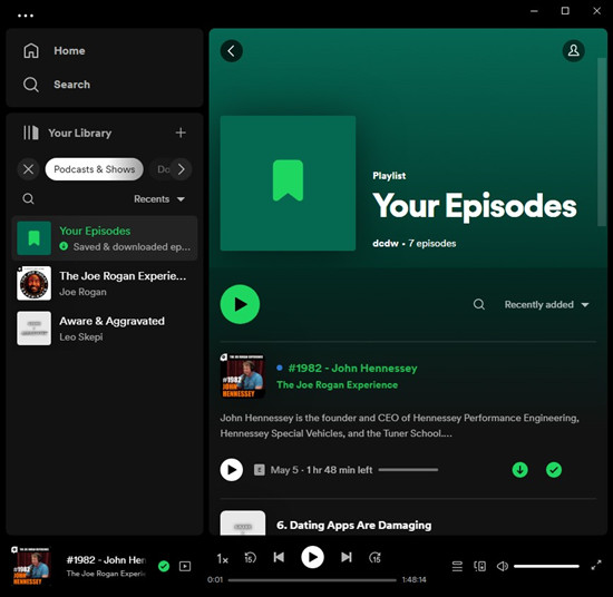 spotify desktop podcasts and shows filter
