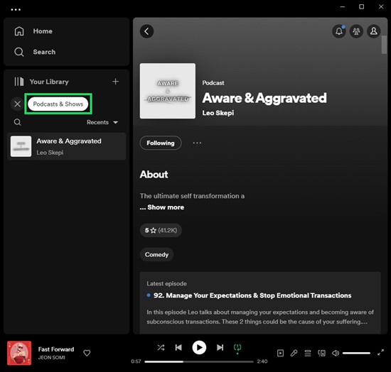 spotify desktop podcasts and shows