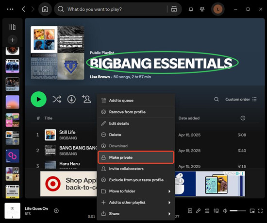 spotify desktop public playlist more make private