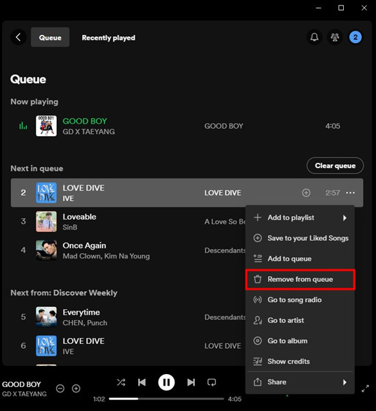 spotify desktop queue remove from queue